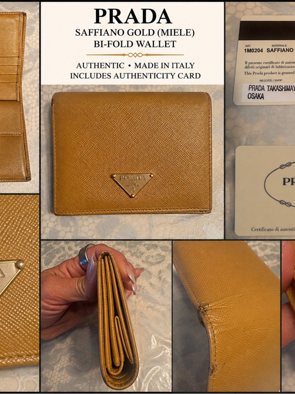 Prada Saffiano Miele Bi-Fold Wallet in Gold-Tone- read description for her story